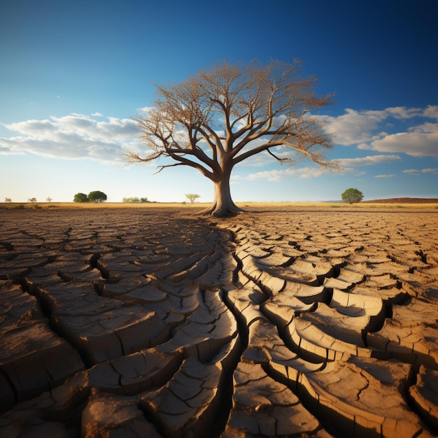 Photo emblematic tree thrives on parched soil mirroring water scarcity amidst climate change for social m