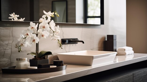 embodies the tranquility and style of a welldesigned bathroom featuring a sleek sink and mirror