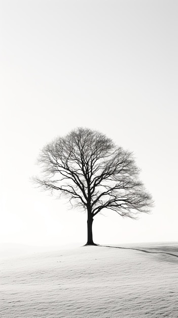 Embodying solitude Monochromatic of a lone tree casting shadows against a stark white background