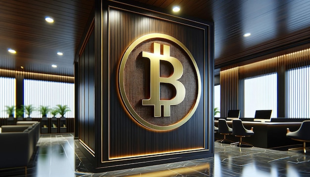 A embossed gold Bitcoin logo mounted on a polished dark wooden wall in a modern office setting