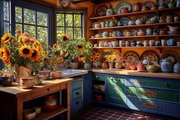 Embrace the Bohemian Flair Rustic Wood Colorful Dishes and Sunflowers in Your Kitchen Oasis