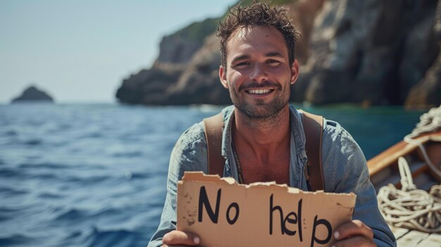 Foto l'abbraccio della vita spensierata un personaggio su un'isola deserta con un cartello che proclama il benessere un ritratto tranquillo della solitudine gioia e contentezza nella semplicità di un paradiso remoto