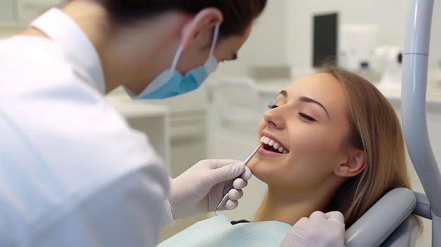 Embrace the concept of a perfect white smile as a skilled dentist examines a woman039s teeth