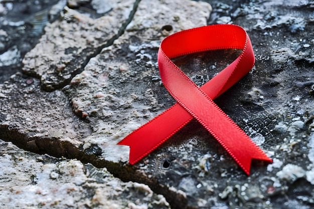 Foto abbraccia la salute e la consapevolezza con un vibrante nastro rosso che simboleggia il concetto di aids consapevolezza sanitaria nastro rossto prevenzione dell'aids solidarietà contro l'hiv-aids