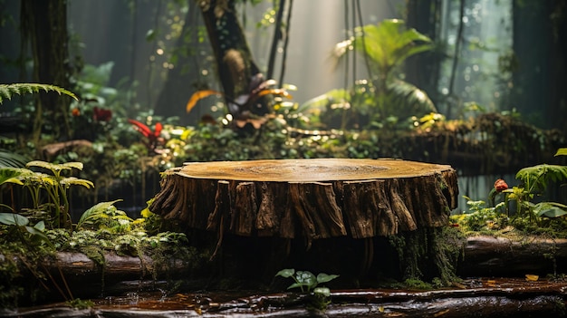 Embrace the Jungle Vibe Stump Product Display Podium in a Serene Jungle Generative AI