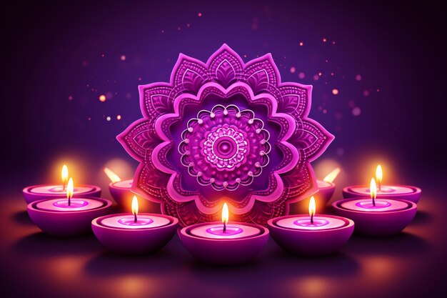 Embrace the light of diwali glowing diyas and mandala on purple hue background