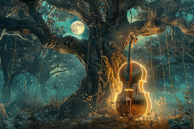 Embrace the otherworldly charm of a glowing cello generative ai