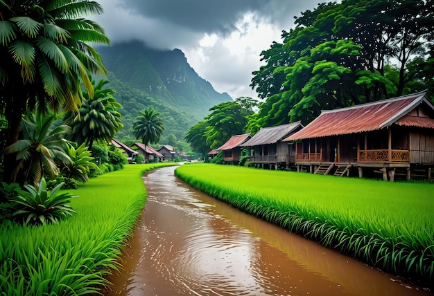 울창 한 초록색 으로 장식 된 비가 오는 계절 에 마을 의 자연 의 조용 한 아름다움 을 받아들이십시오.