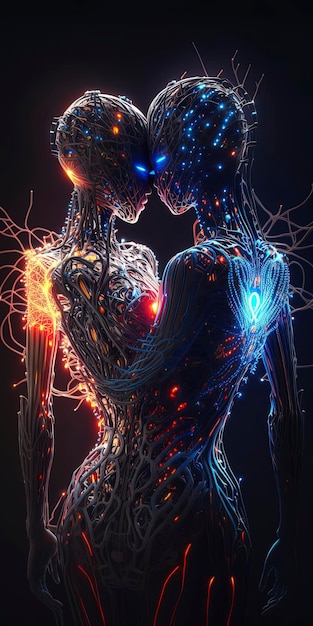 The embrace of two lovers pose of humanoid female and boy neural network suit bionic neural thinking