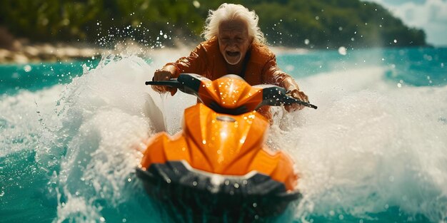 Foto abbracciando l'avventura anziani individui39 anni emozionante esperienza di jet ski concetto di jet ski avventura in cerca di emozioni anziani appassionati di sport acquatici invecchiamento attivo appassionanti hobby di pensione