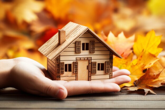 Embracing Autumn Sales Symbolic Hands Cradle Wooden Model House on Vibrant Yellow Leaves