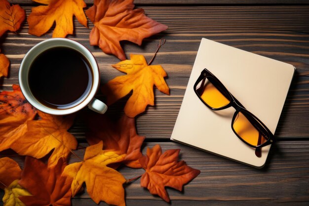 Embracing Autumn Vibes A Cup of Coffee Open Notebook and the Serenity of Falling Leaves on a Vint