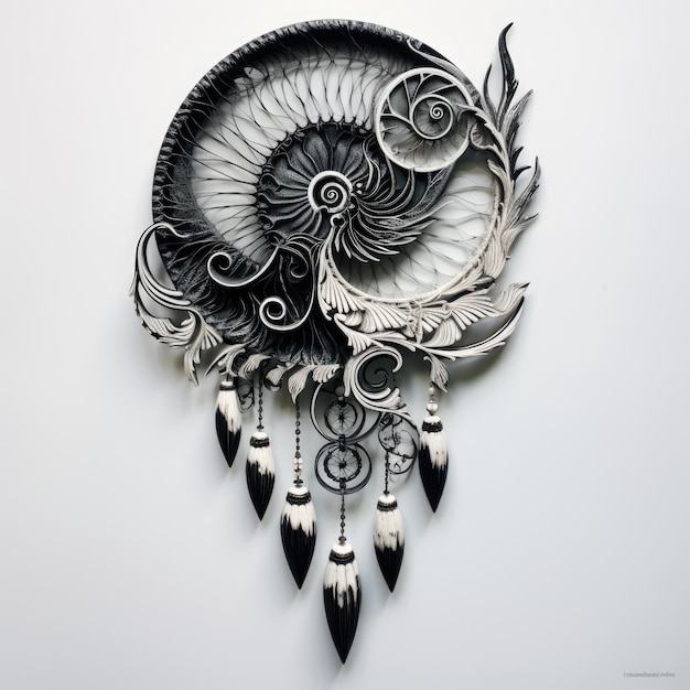 Embracing Contrast The Elegant Ink Clay Texture of the Black and White Nautilus Dream Catcher