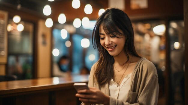 편리 함 을 받아들이는 아시아 여성 은 그림 같은 상자 에서 커피 와 전자상거래 를 완벽 히 결합 한다