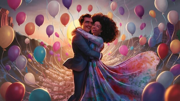 Embracing couple with balloons