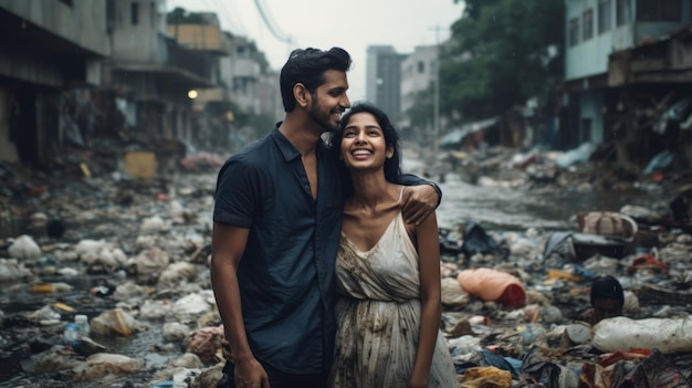 Photo embracing each other indian couple are in love in the city full of garbage beautiful illustration