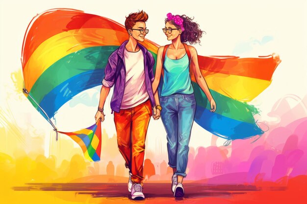 Embracing Equality Blissful Couple Celebrating Love with Gay Pride Flag in Hand AR 32