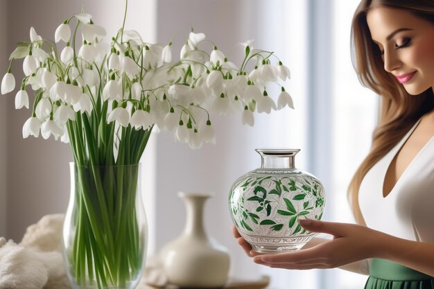 春の初兆しを抱きしめる 女性が美しいスノードロップの花瓶を握っている 伝統的なマーティソール