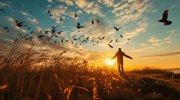 写真 鳥 たち と 共 に 太陽 の 昇る 時 の 自由 を 抱きしめる