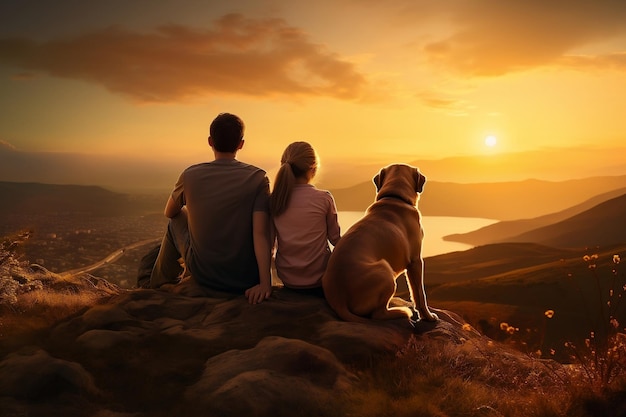 개를 쳐다보는 생성 인공지능으로 언덕에 있는 가족을 포옹하는 것