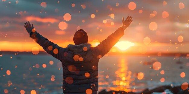 写真 希望と自由を抱きしめる 夕暮れに手を挙げた象徴的な男 夕暮れた写真 象徴的なポーズ抱きしめ 希望と自由の概念 超現実的なシルエット