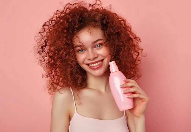 Photo embracing natural beauty curly man holding pink bottle of hair care product