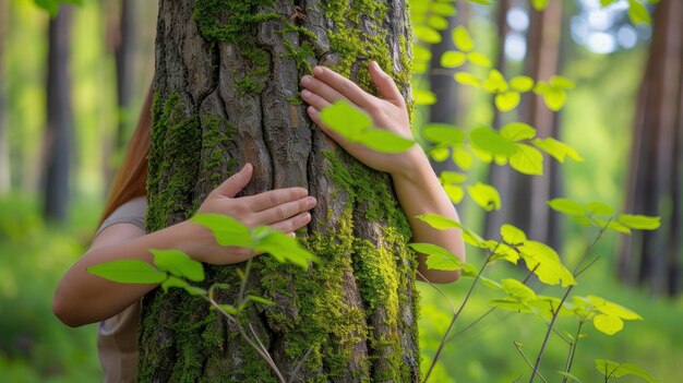Фото Обнимая природу руки любителя природы обнимая ствол дерева, покрытый зеленым мохом на фоне пышного леса