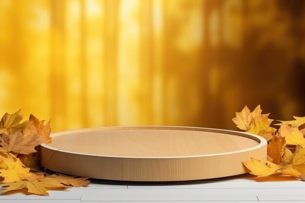 Embracing Nature's Essence A Wooden Podium Showcasing Natural Cosmetics amidst Yellow Autumn Leaves