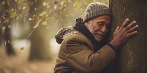 Abbracciare il pianeta in un gesto di amore e impegno per la natura con una persona che abbraccia un albero