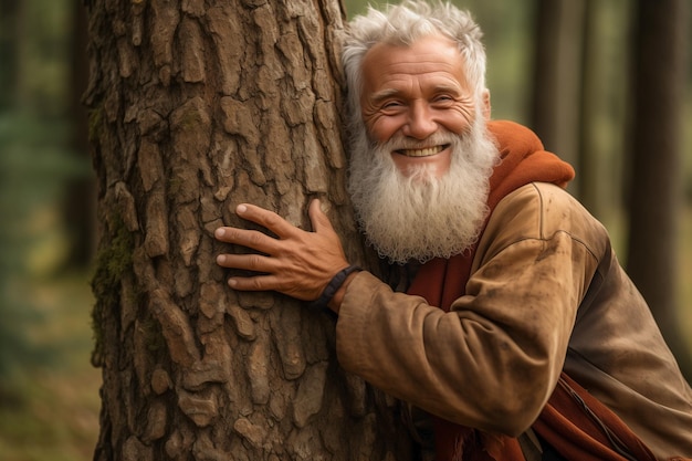 Embracing the planet in a gesture of love and commitment to nature with person hugging a tree