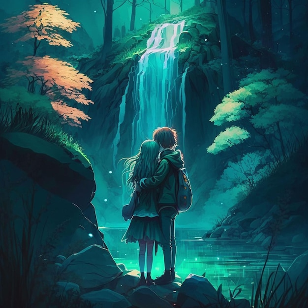 애니메이션 스타일의 폭포를 바라보는 그림 같은 숲에서 포옹하는 로맨틱 커플