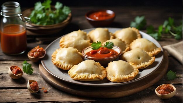 Photo embracing tradition horizontal view of rusticstyle plate with traditional empanadas and sauce