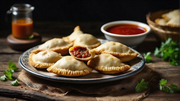 Embracing Tradition Horizontal View of RusticStyle Plate with Traditional Empanadas and Sauce