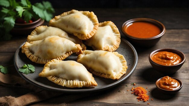 Embracing Tradition Horizontal View of RusticStyle Plate with Traditional Empanadas and Sauce