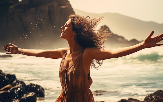 Foto abbracciando il vento donna gioiosa nella natura ia generativa