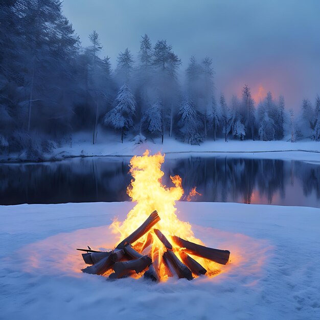 Photo embracing winter warmth in a bonfire landscape background generated by ai