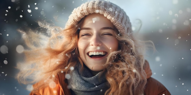 Foto abbracciando un paese delle meraviglie invernali una donna allegra trova gioia nella sua avventura nevosa concetto di avventura invernale meraviglia nevosa avventura donna gioiosa sessione fotografica all'aperto