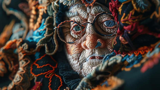 Embroidered close up portrait of an old woman wearing glasses The image is full of vibrant colors and intricate details