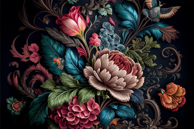 Embroidered Flowers on a Dark Background Generative AI Illustration