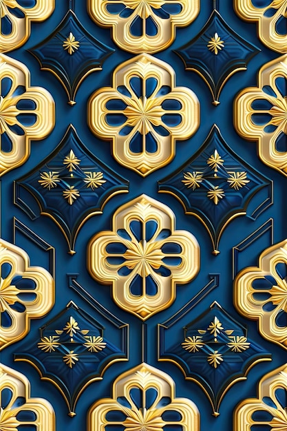 青の背景に刺繍された幾何学的なシームレス パターンの黄金の要素がエレガントで豪華です