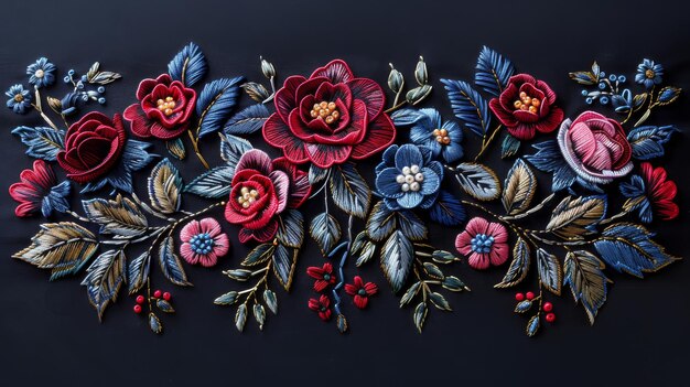 Photo embroidered pattern with roses on satin stitch fashion ornament for neck black background with ethnic fashion motif