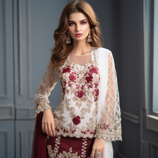 Embroidered Raw Silk Pakistani and Indian Shirt with Organza