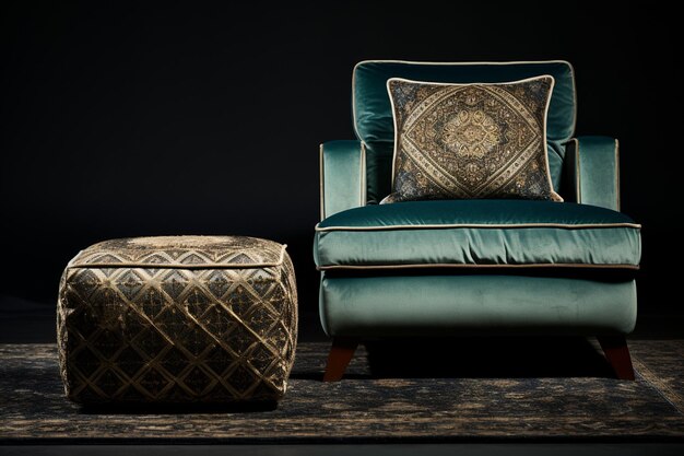 Фото embroidered silk footstool next to a leather club chair created with