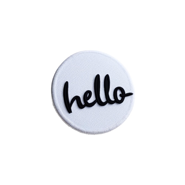 Photo embroidered sticky badge with the word hello on an isolated transparent background