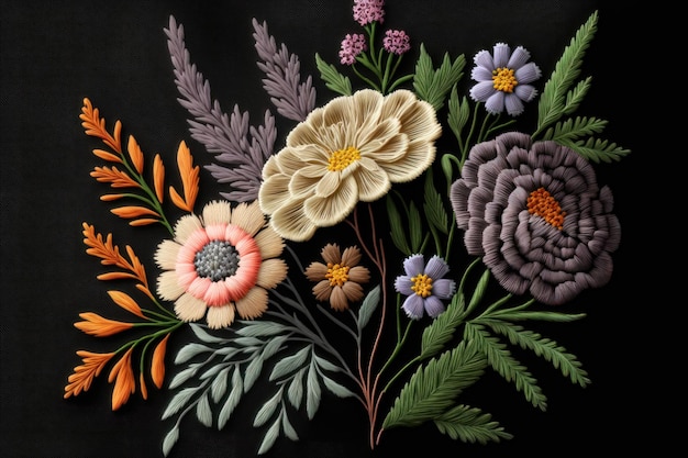 Embroidery bouquet on black background Floral print AI generation