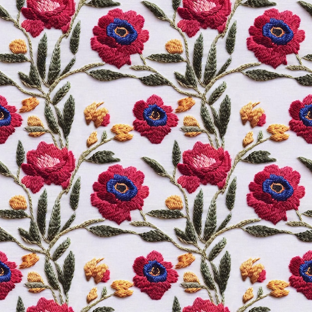 Photo embroidery floral seamless textile pattern colorful embroidered flowers repeating fabric backdrop