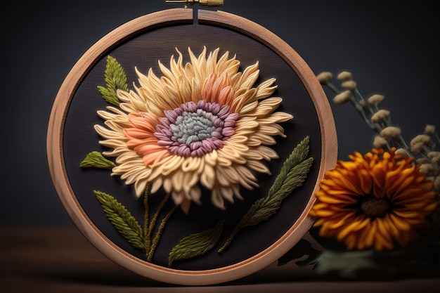 木製フープ AI 生成で刺繍の花