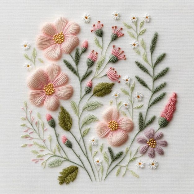 embroidery flowers on a white background with green leaves and pink flowers generative ai