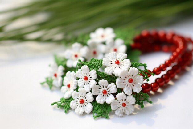 Embroidery on a green background with white daisies