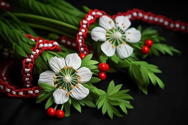 Embroidery on a green background with white daisies